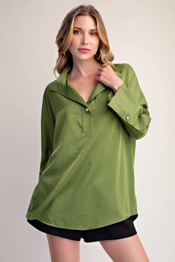 Green Satin Stand Collar Shirt