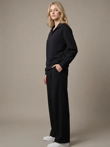 Black Set - Collar Pullover W/ Drawstring Wide Leg Pants