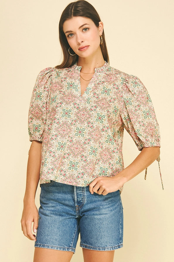 Geometric Floral V-Neck Blouse