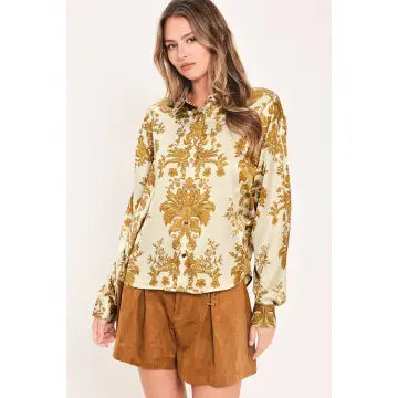 Taupe/Brown Print Button Down