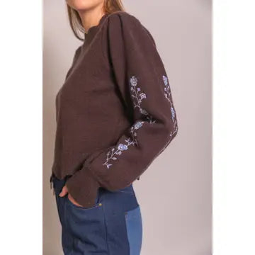 Espresso Knit Flower Embroidery Scalloped Sweater