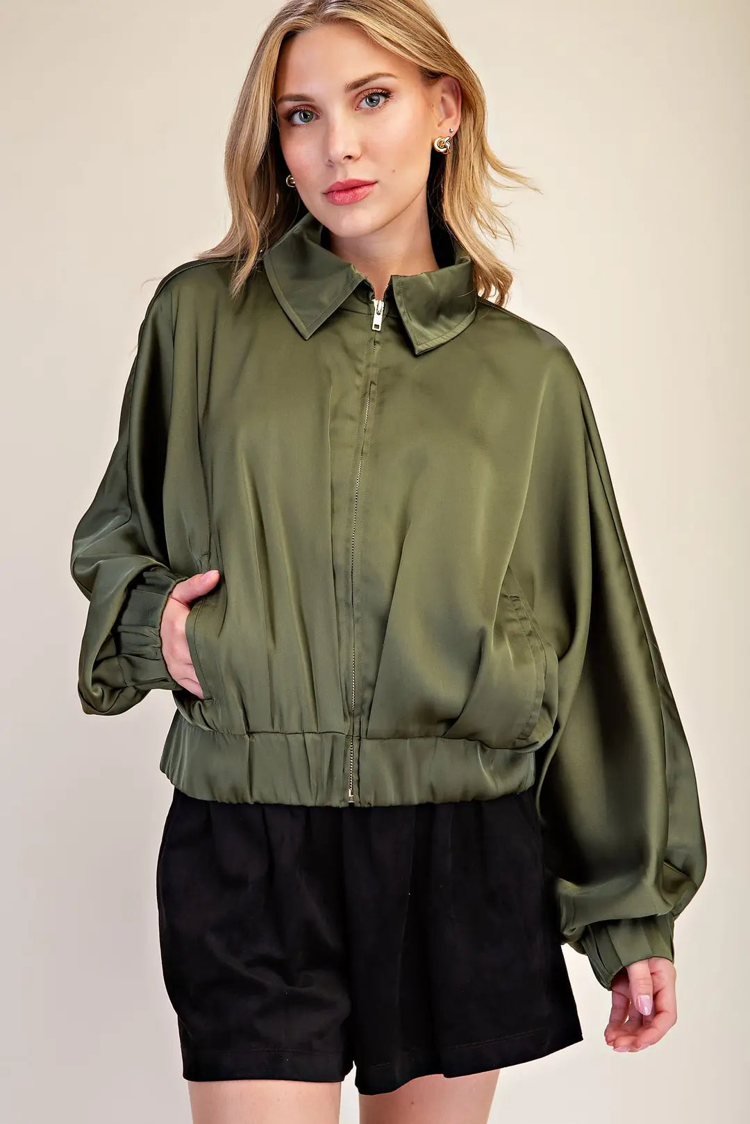 Satin Effect Zipper Bomber Jacket