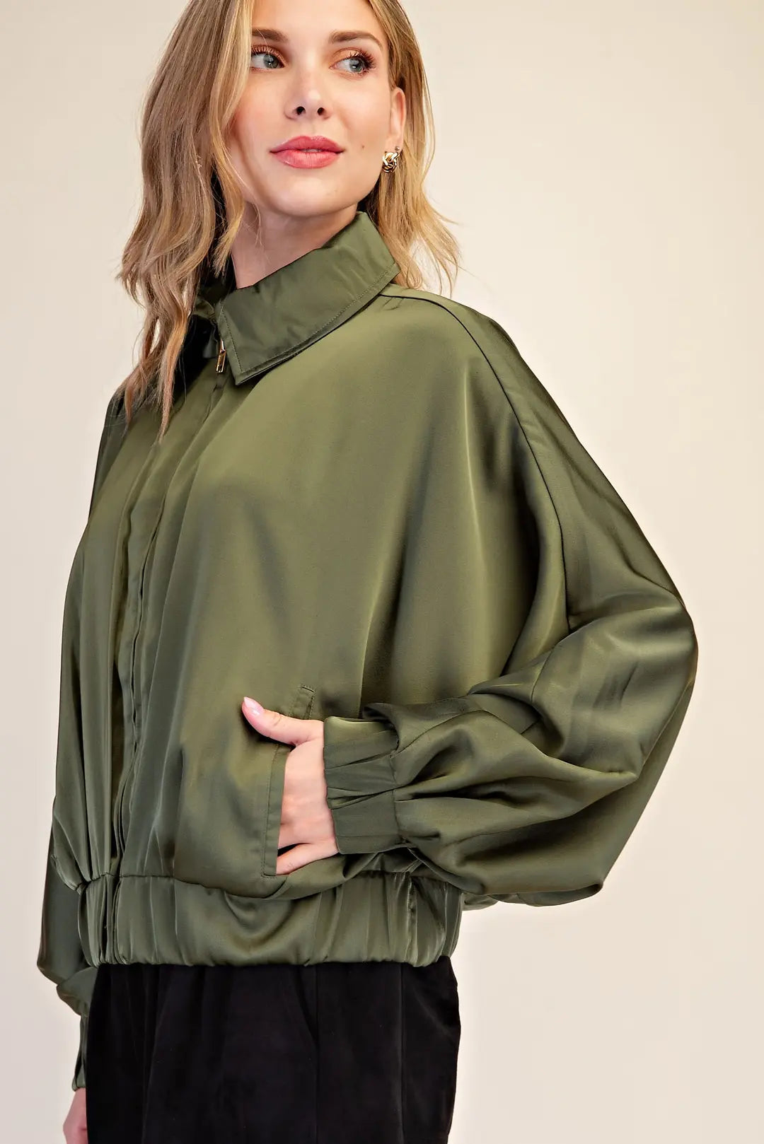 Satin Effect Zipper Bomber Jacket