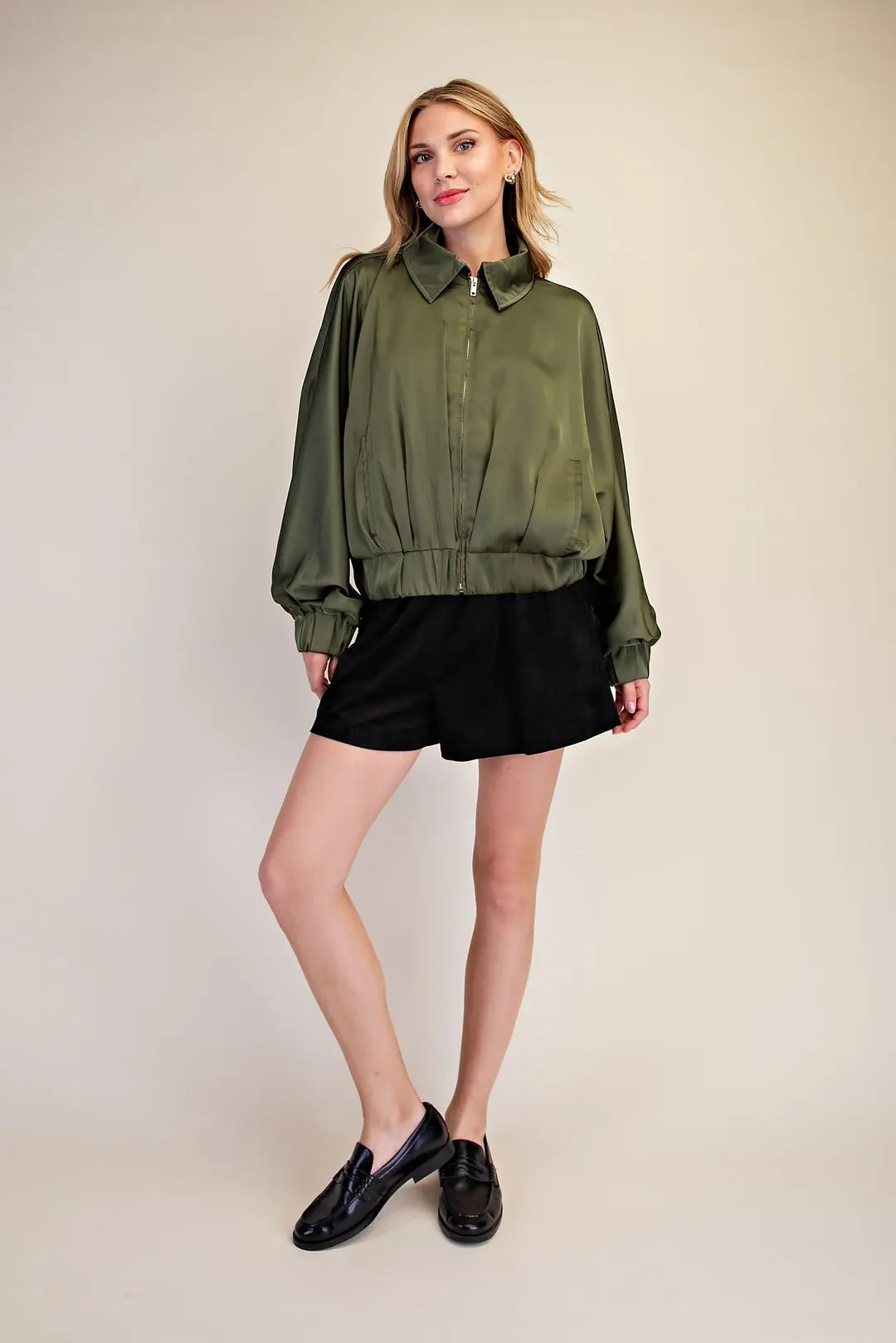 Satin Effect Zipper Bomber Jacket