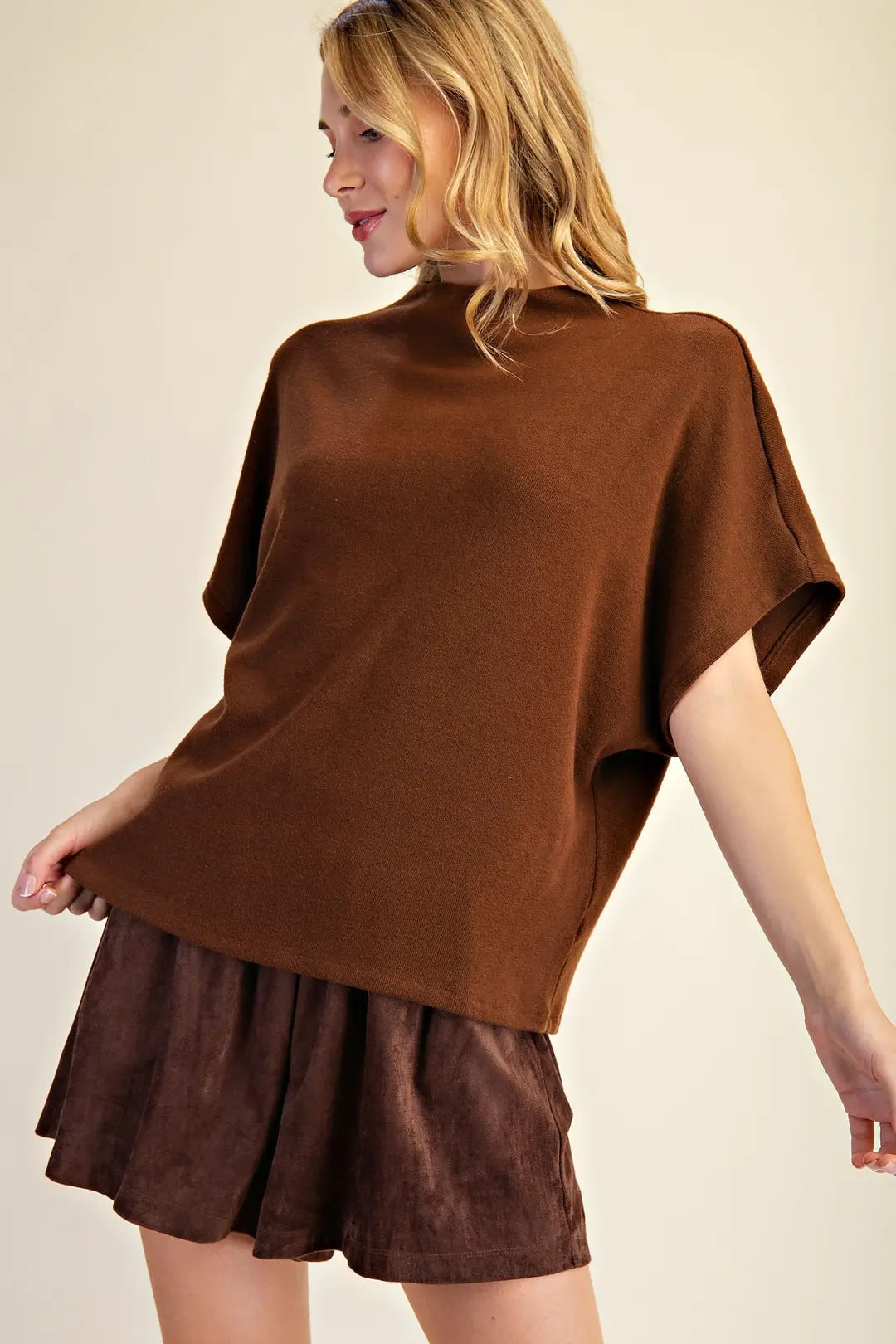 Mock Neck Short Sleeve Pullover Knit Top