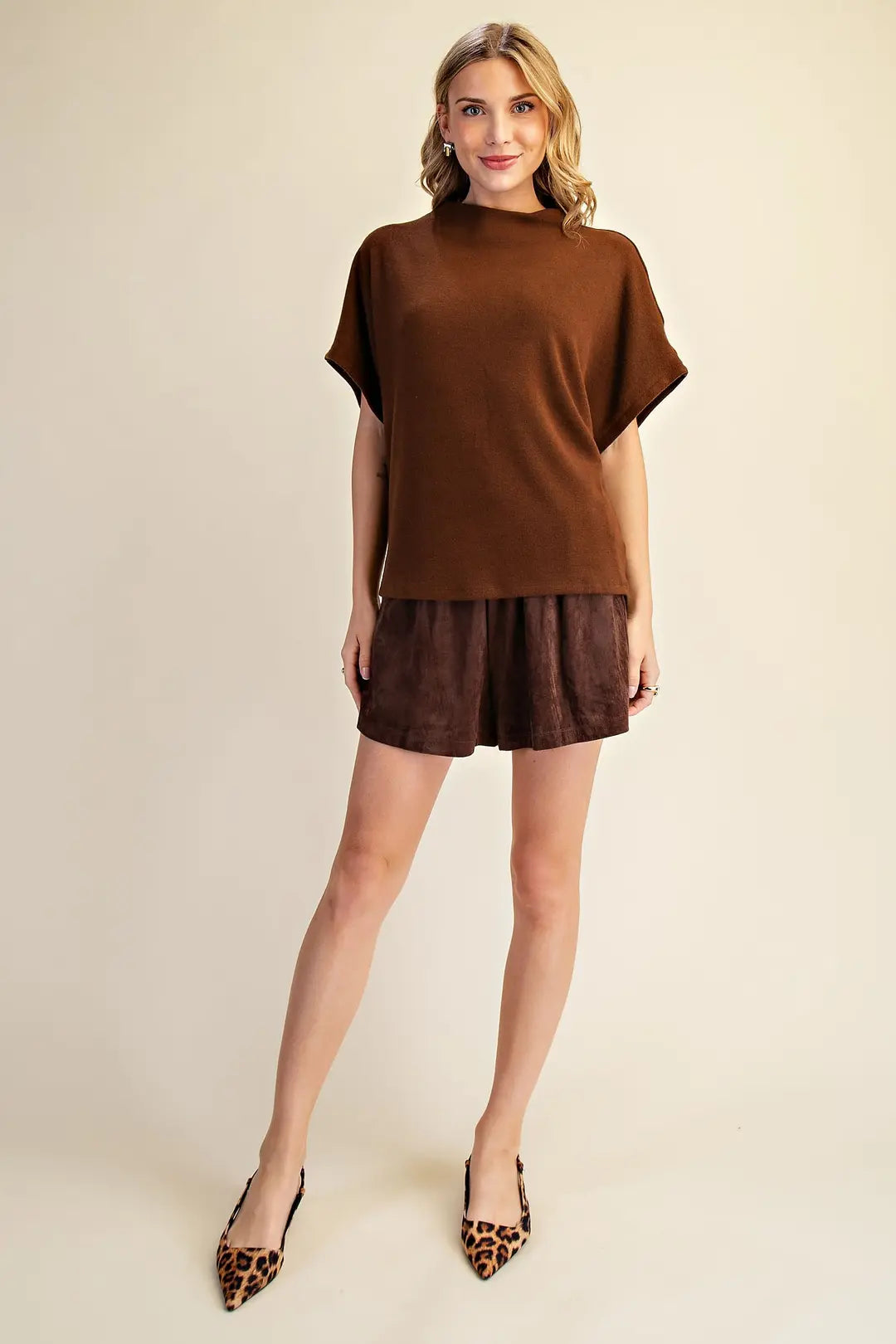 Mock Neck Short Sleeve Pullover Knit Top