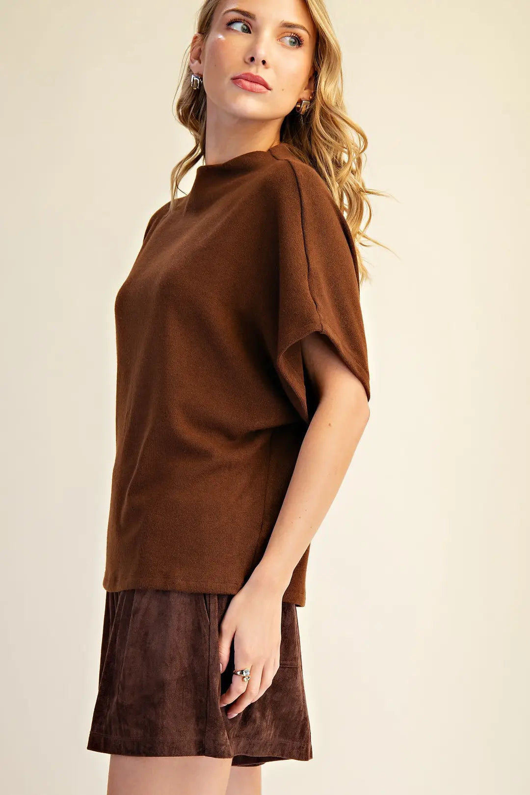 Mock Neck Short Sleeve Pullover Knit Top