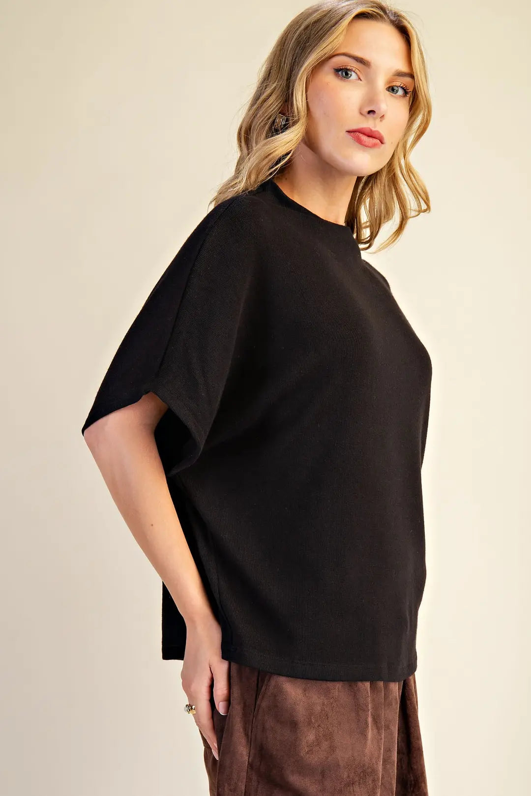 Mock Neck Short Sleeve Pullover Knit Top