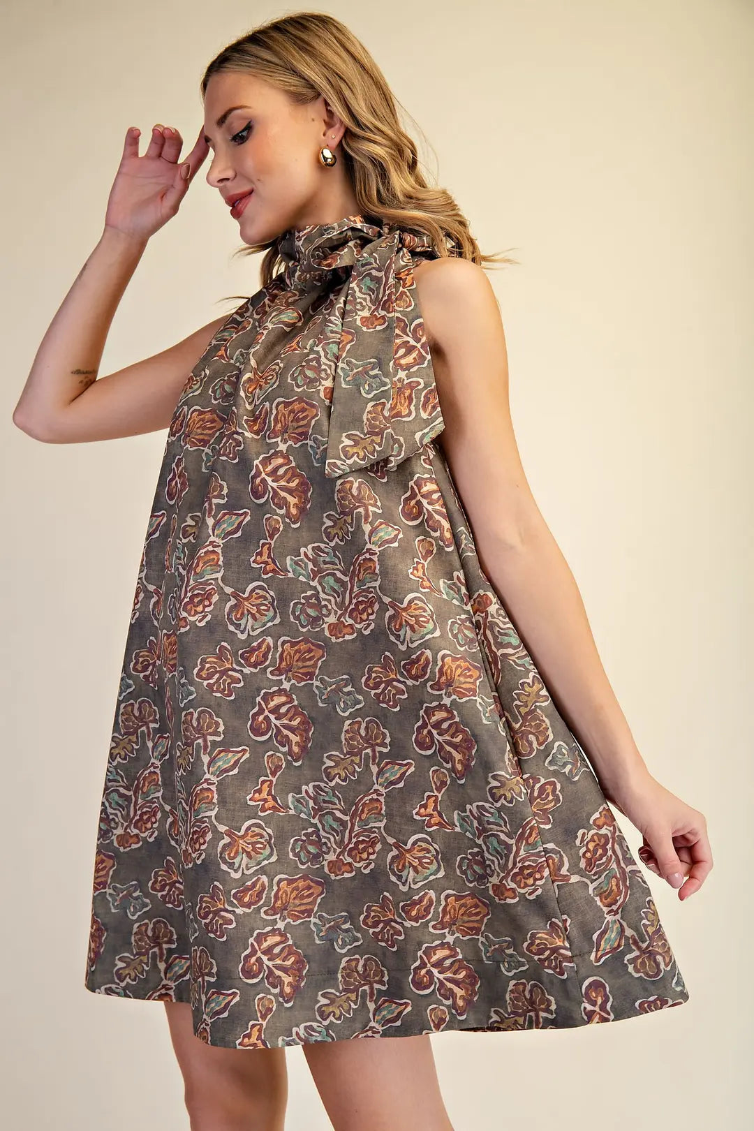 Ruffle Tie Neck Sleeveless Floral Print Mini Dress
