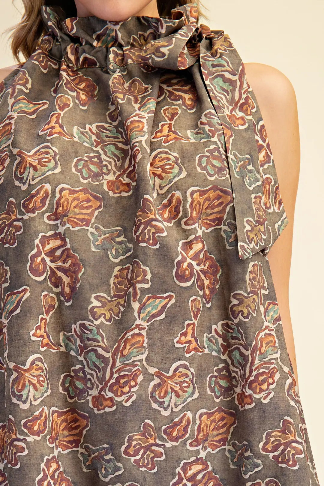 Ruffle Tie Neck Sleeveless Floral Print Mini Dress