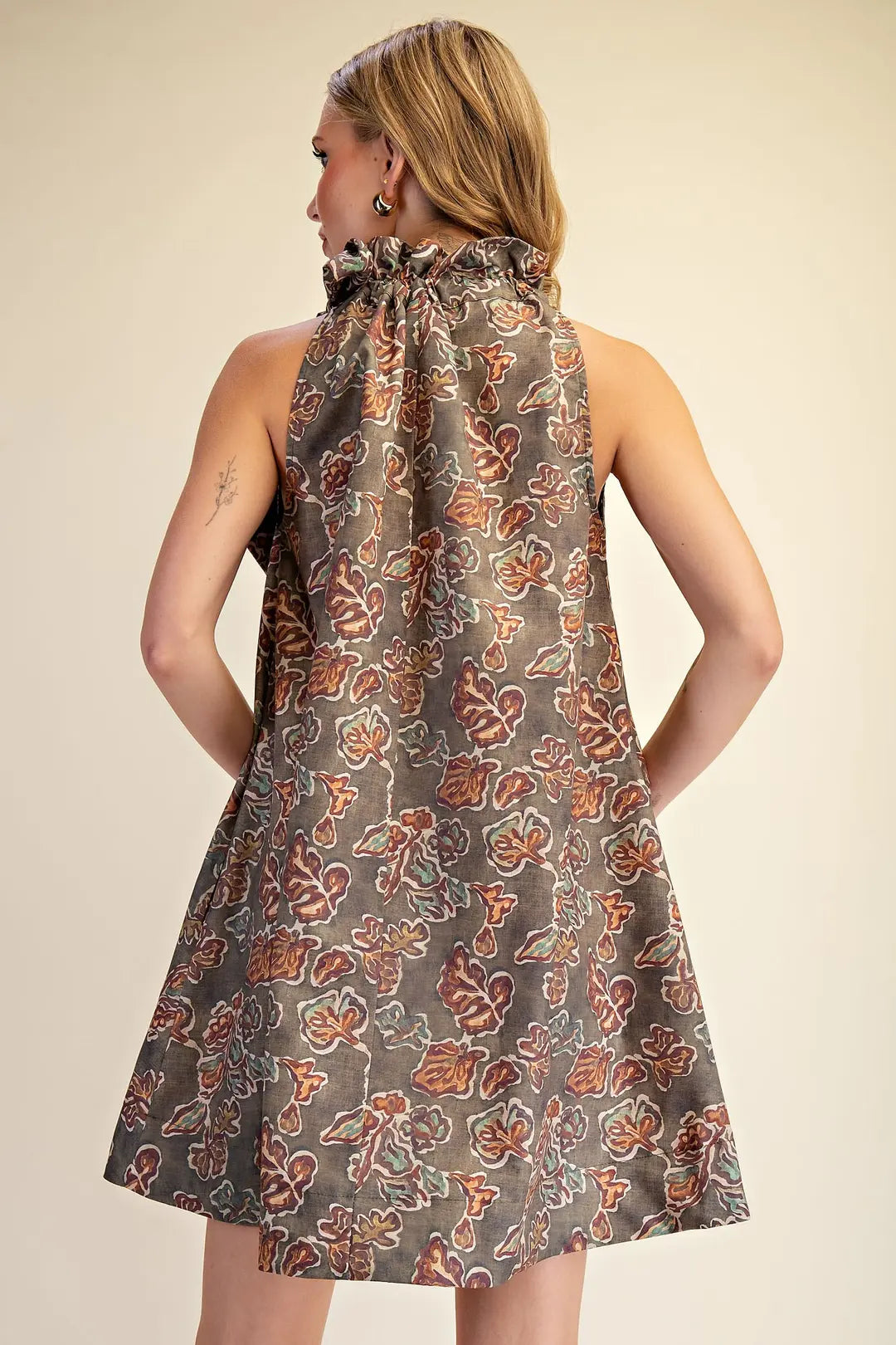 Ruffle Tie Neck Sleeveless Floral Print Mini Dress
