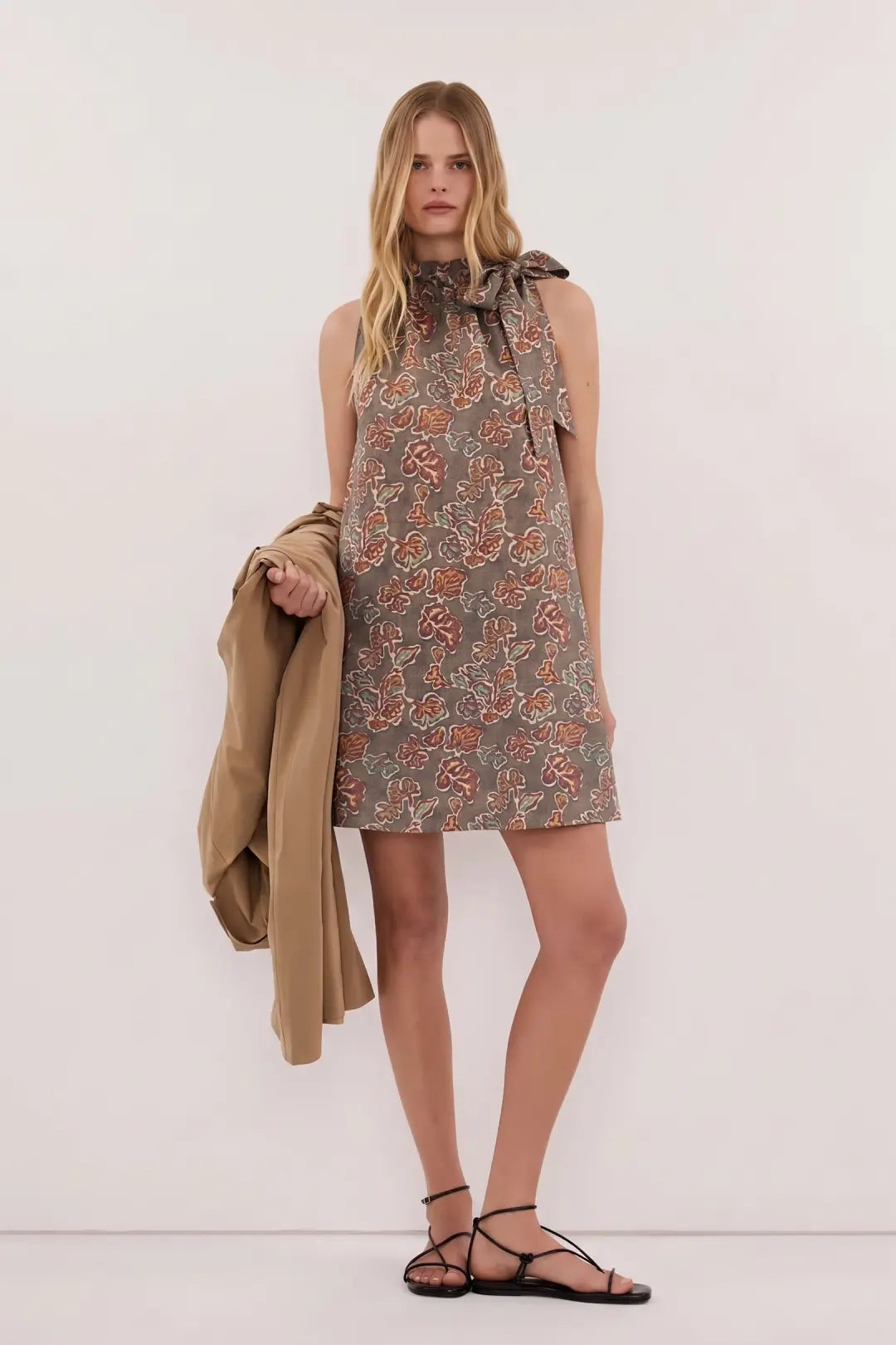 Ruffle Tie Neck Sleeveless Floral Print Mini Dress
