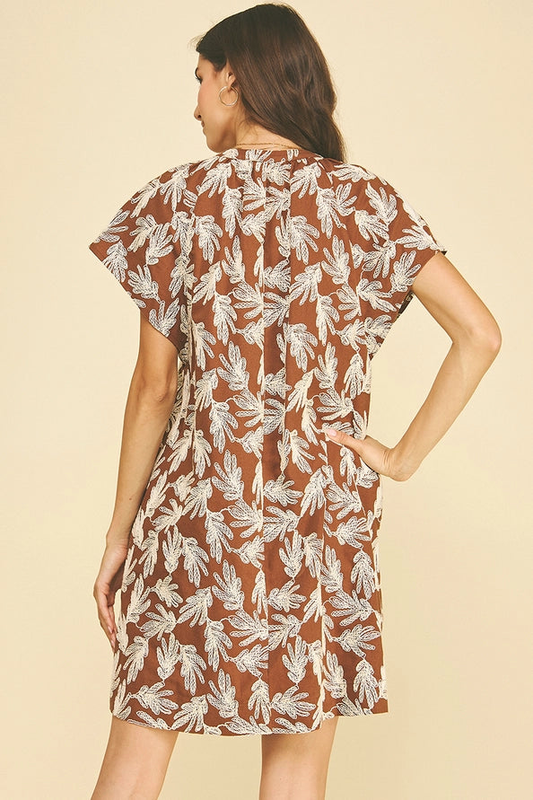 Embroidered Leaf Cap Sleeve Brown Dress