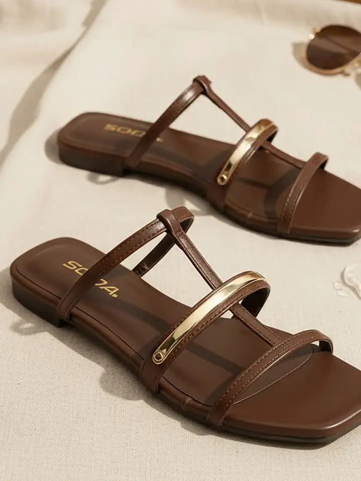 Flat Slide Sandals - Dark Brown