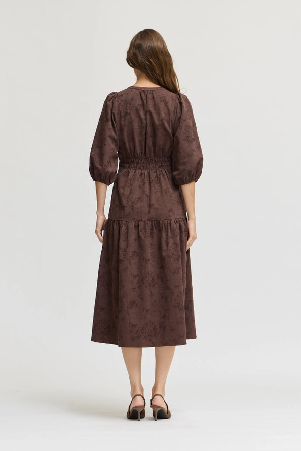 Deep Bark 3/4 Sleeve Printed Midi Dress