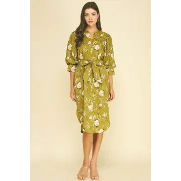 Golden Olive Floral Print Midi