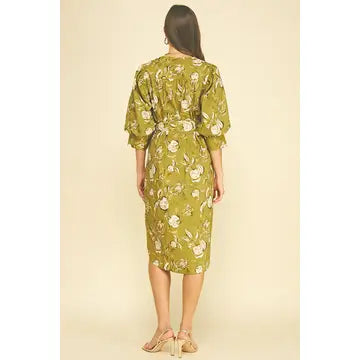 Golden Olive Floral Print Midi