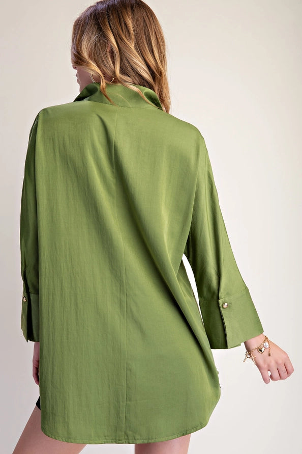 Green Satin Stand Collar Shirt