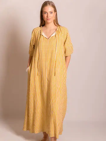 Mustard Striped Ruffle Neckline Maxi Dress