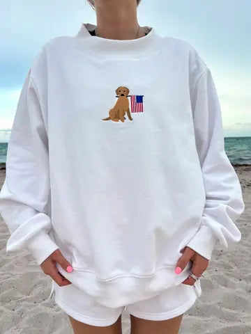 American Flag Dog Mockneck White Sweatshirt
