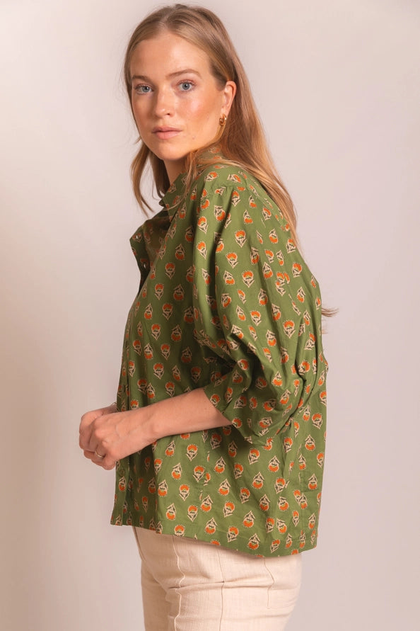 Poplin Bishop Sleeve Button Up Shirt Olive