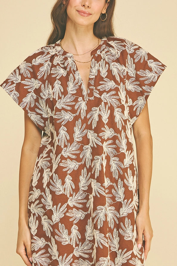 Embroidered Leaf Cap Sleeve Brown Dress