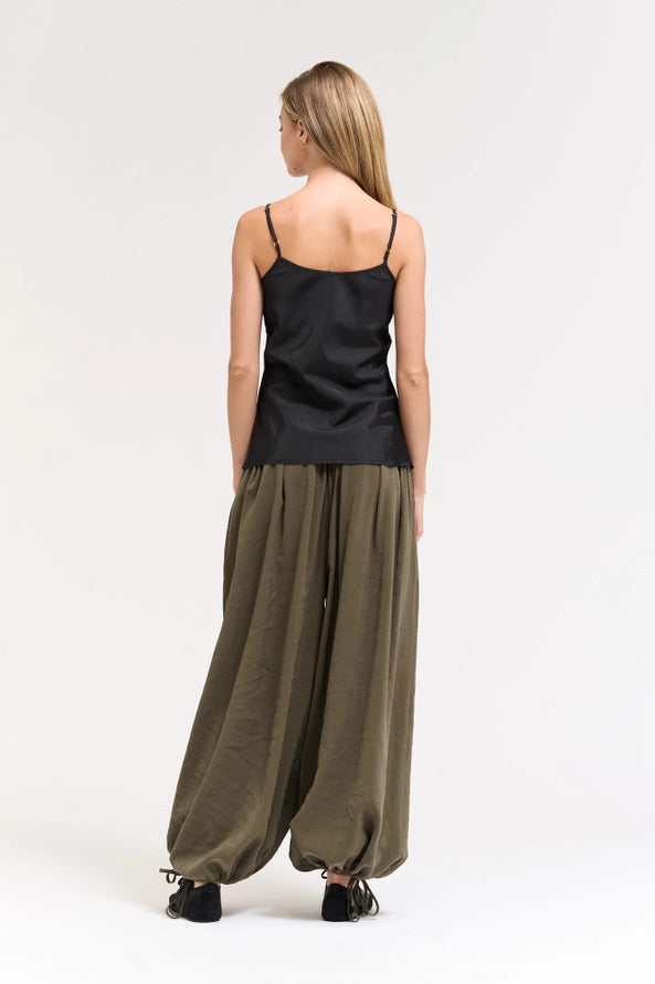 Deep Olive Pleated Waist Balloon Pants