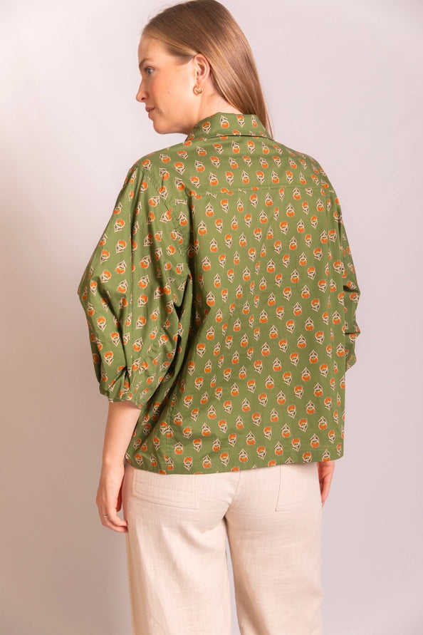 Poplin Bishop Sleeve Button Up Shirt Olive