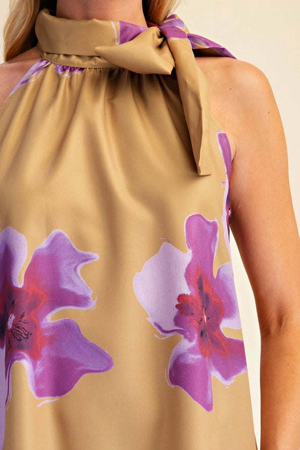 Mustard-Violet Floral Tie Neck Dress