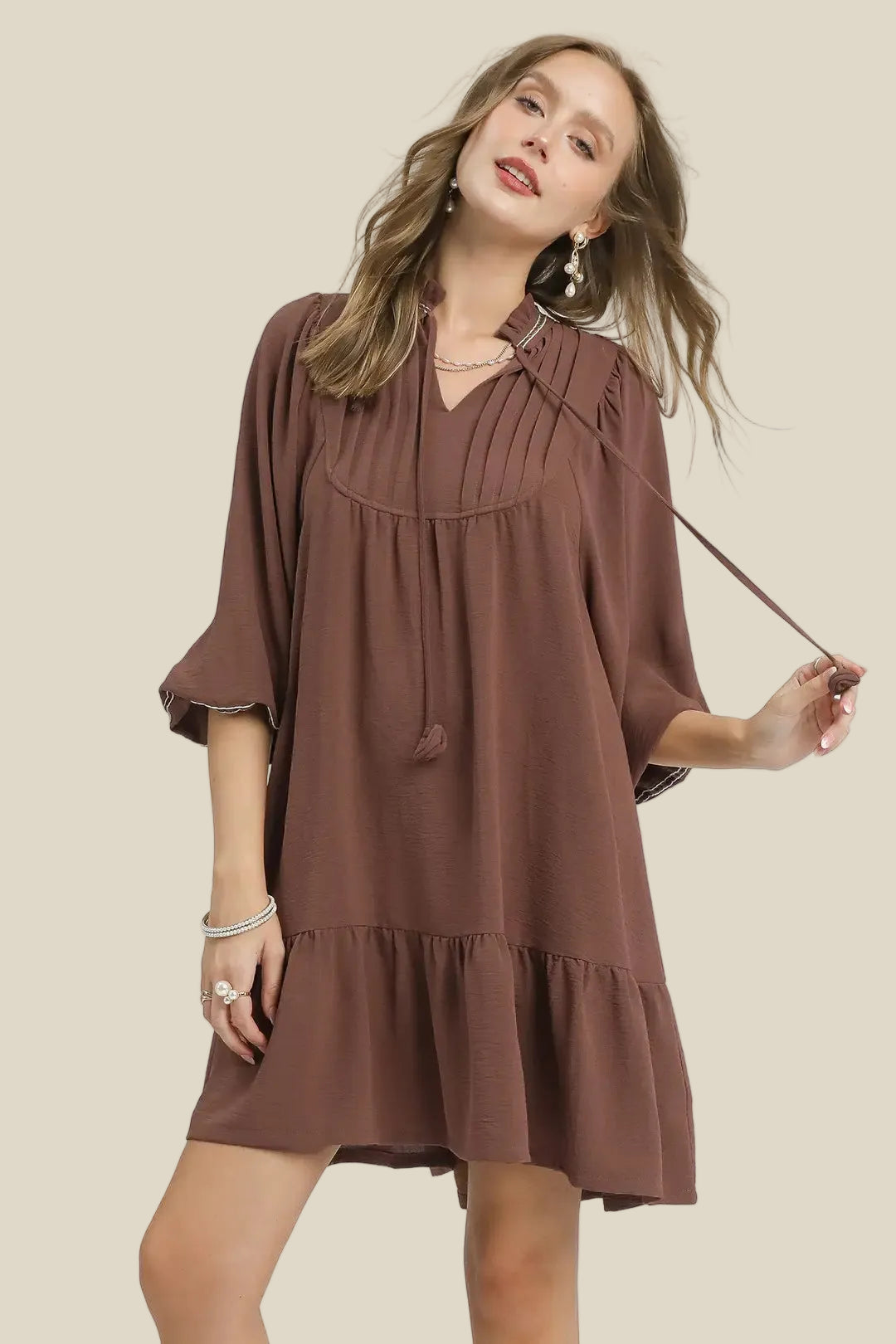 Mocha Pleated Smocked Dress