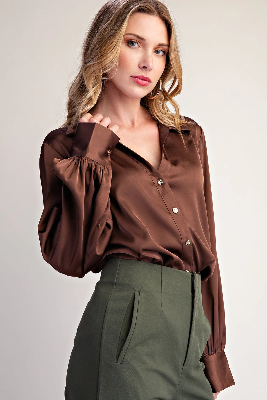 Brown V-Collar Button Down