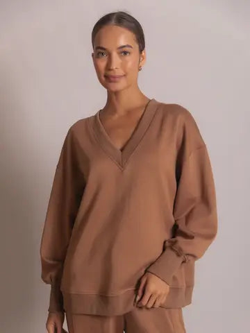 Latte Ribbed V-Neck Pullover