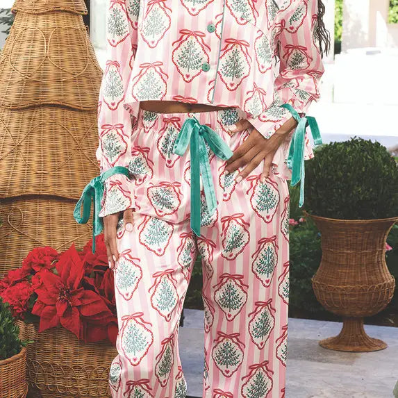 Ruffled PJ Set with Velvet Ties - Pink Stripes + Doily Trees - Christmas