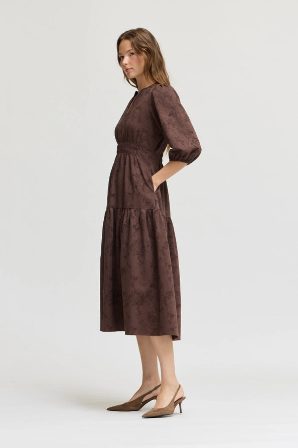 Deep Bark 3/4 Sleeve Printed Midi Dress
