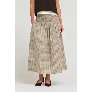 Plaid Cream Smocked Midi Skirt