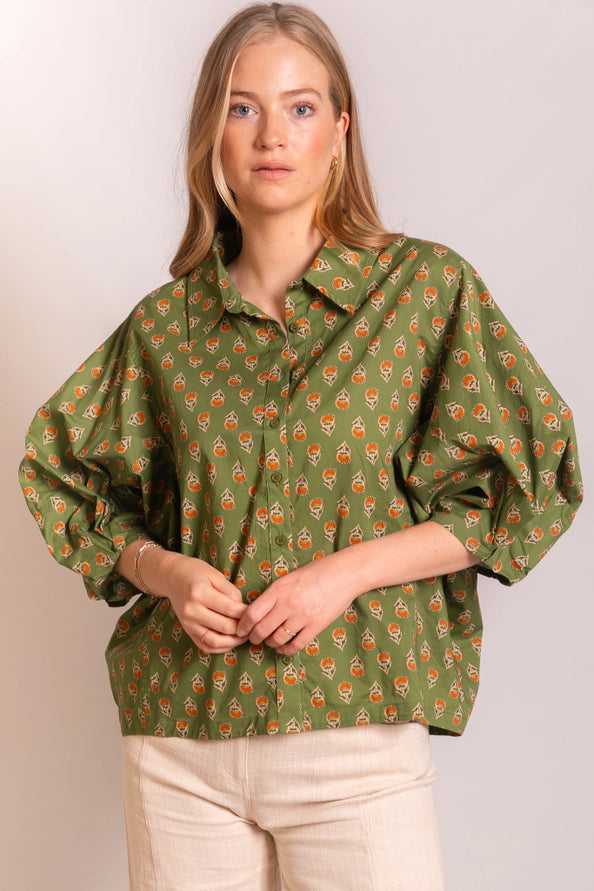 Poplin Bishop Sleeve Button Up Shirt Olive