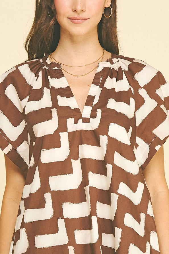 Geometric Print Tunic Brown Mini Dress