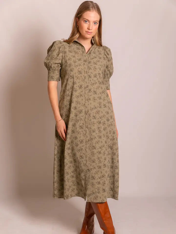 Floral Puff Sleeve Midi Shirt Dress