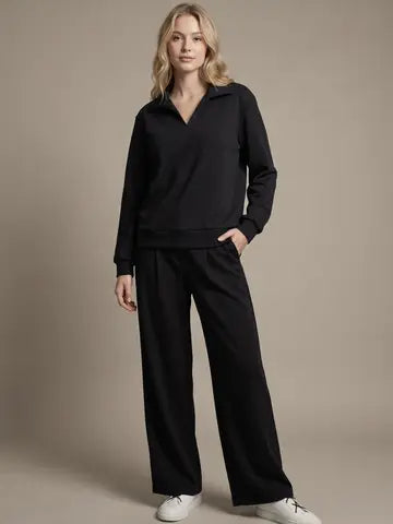 Black Set - Collar Pullover W/ Drawstring Wide Leg Pants