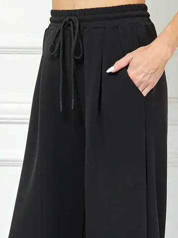 Black Set - Collar Pullover W/ Drawstring Wide Leg Pants