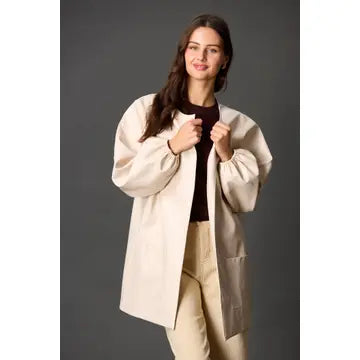 Cream Faux Leather Billowy Sleeve Jacket