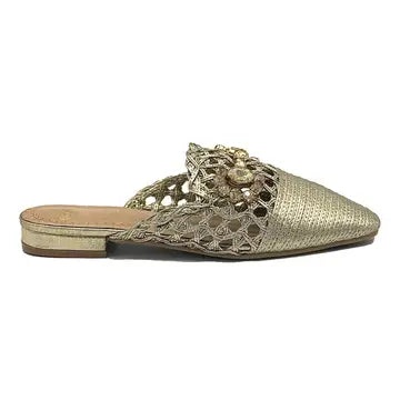 Gold Woven Flat Mule with Stone Detail