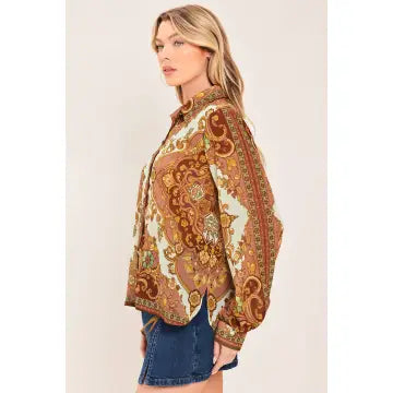Ivory/Dusty Rose Print Button Down