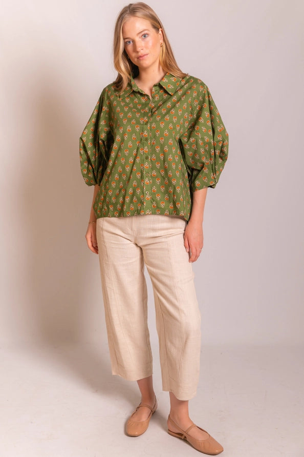 Poplin Bishop Sleeve Button Up Shirt Olive