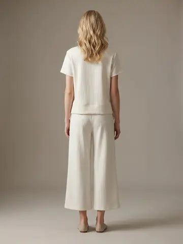 Cream Set - Stripe Texture Top W/ Wide Leg Pants