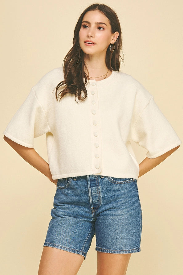 Button Down Short Sleeve Sweater Cream