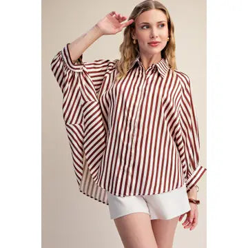 Stripe Wide Puff Sleeve Button Down