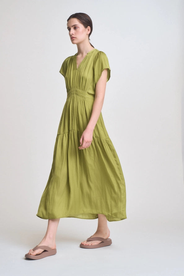 Green Satin Ruffle Midi