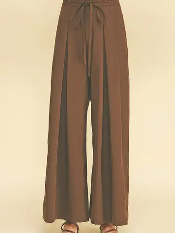 Brown Pleated Detail Wide Leg Pants