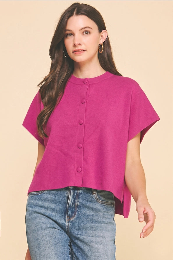 Button Down Cap Sleeve Pink Sweater